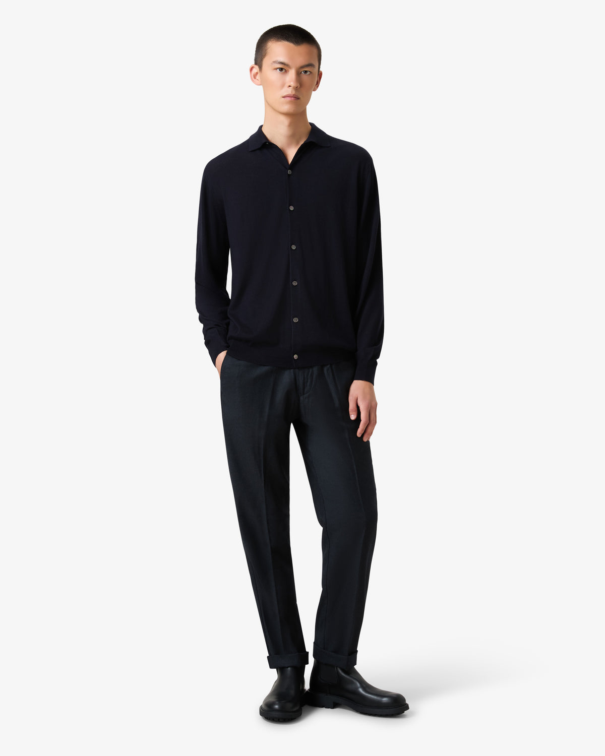 Merino Wool Polo Cardigan - Midnight Blue