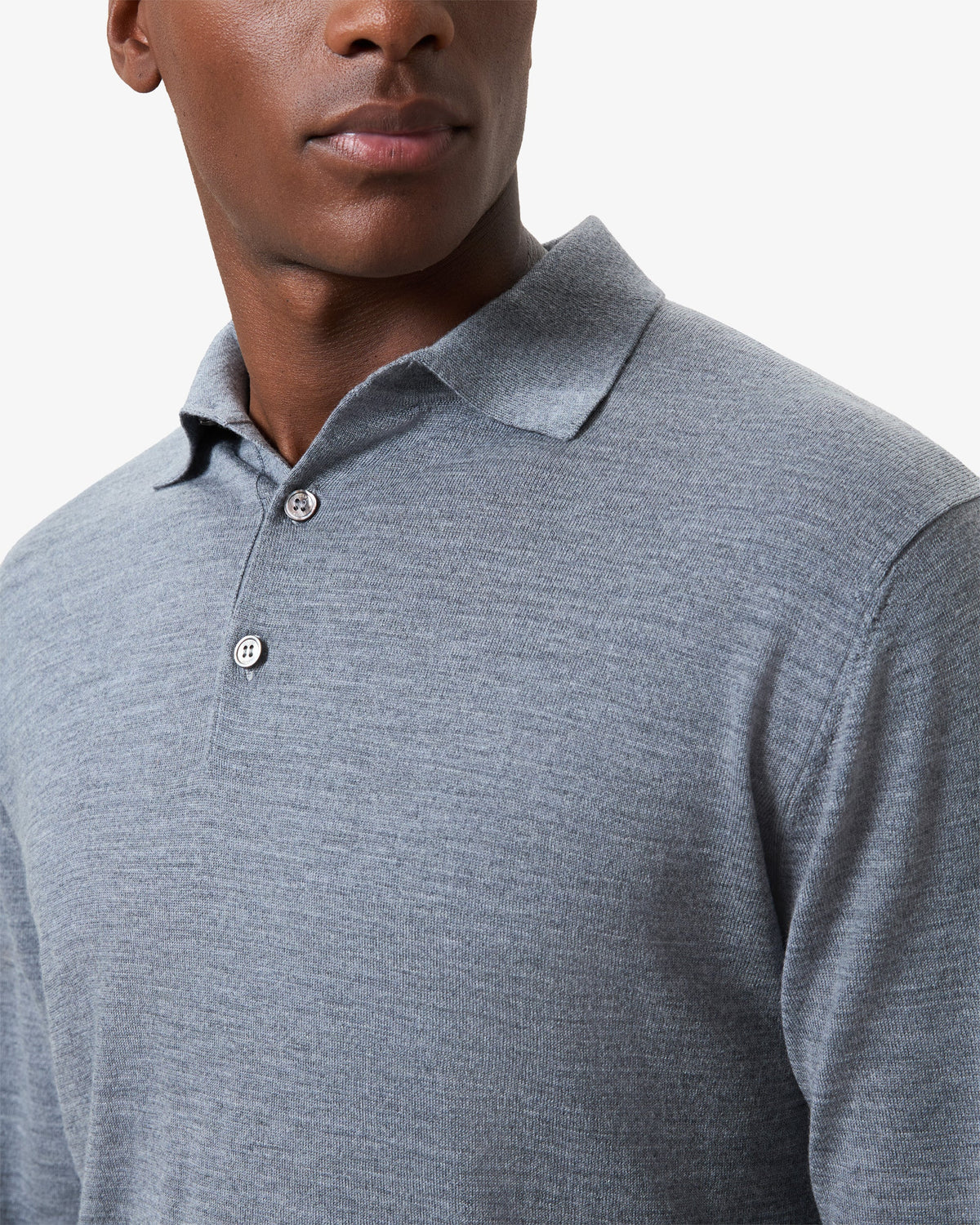 Merino Wool Button Longsleeve Polo - Steel Grey