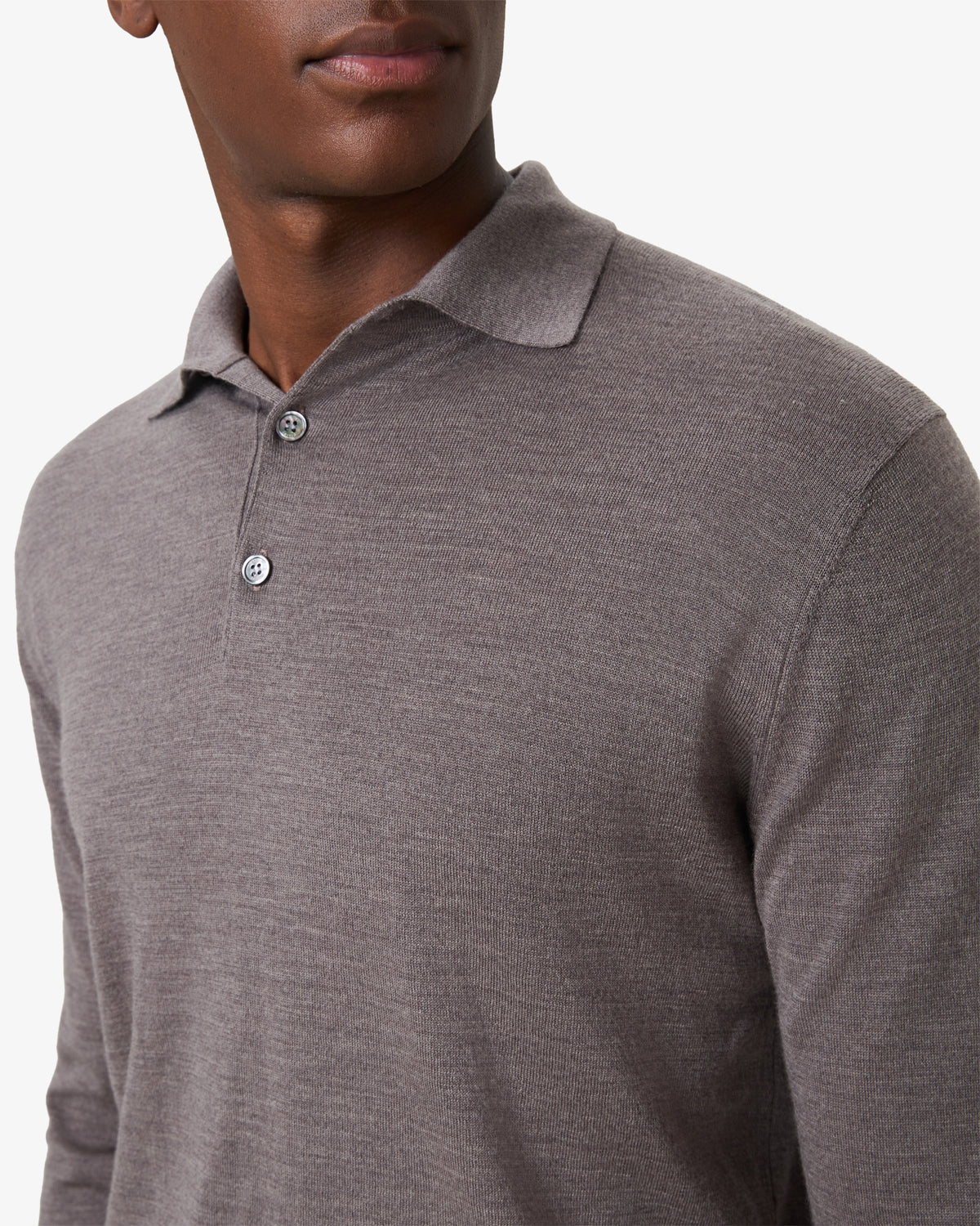 Merino Wool Button Longsleeve Polo - Stone Grey