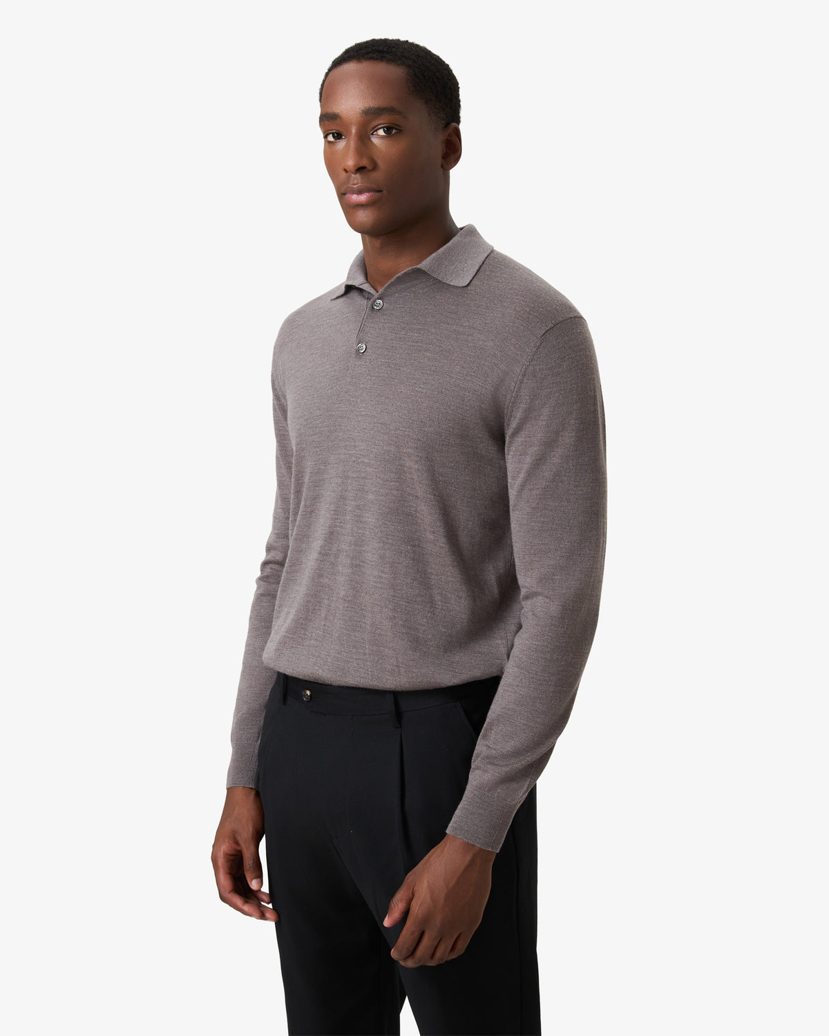 Merino Wool Button Longsleeve Polo - Stone Grey