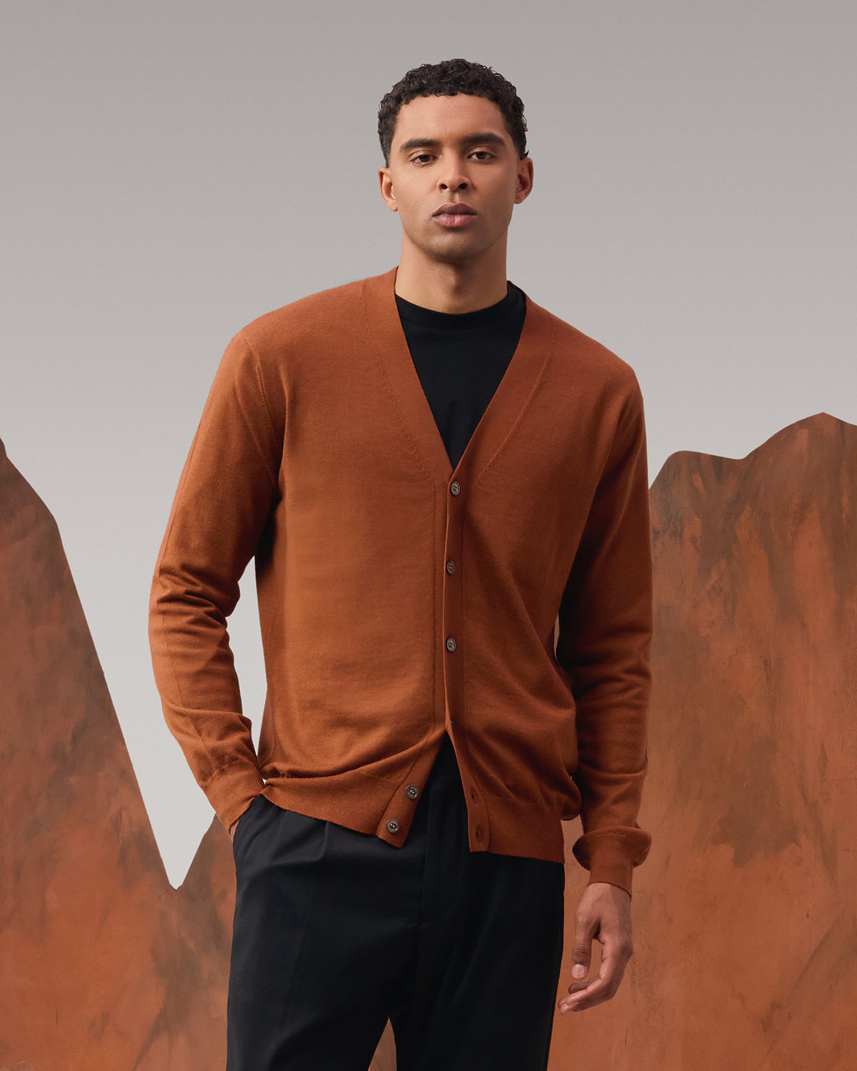 Merino Wool V-neck Cardigan - Peach Brown