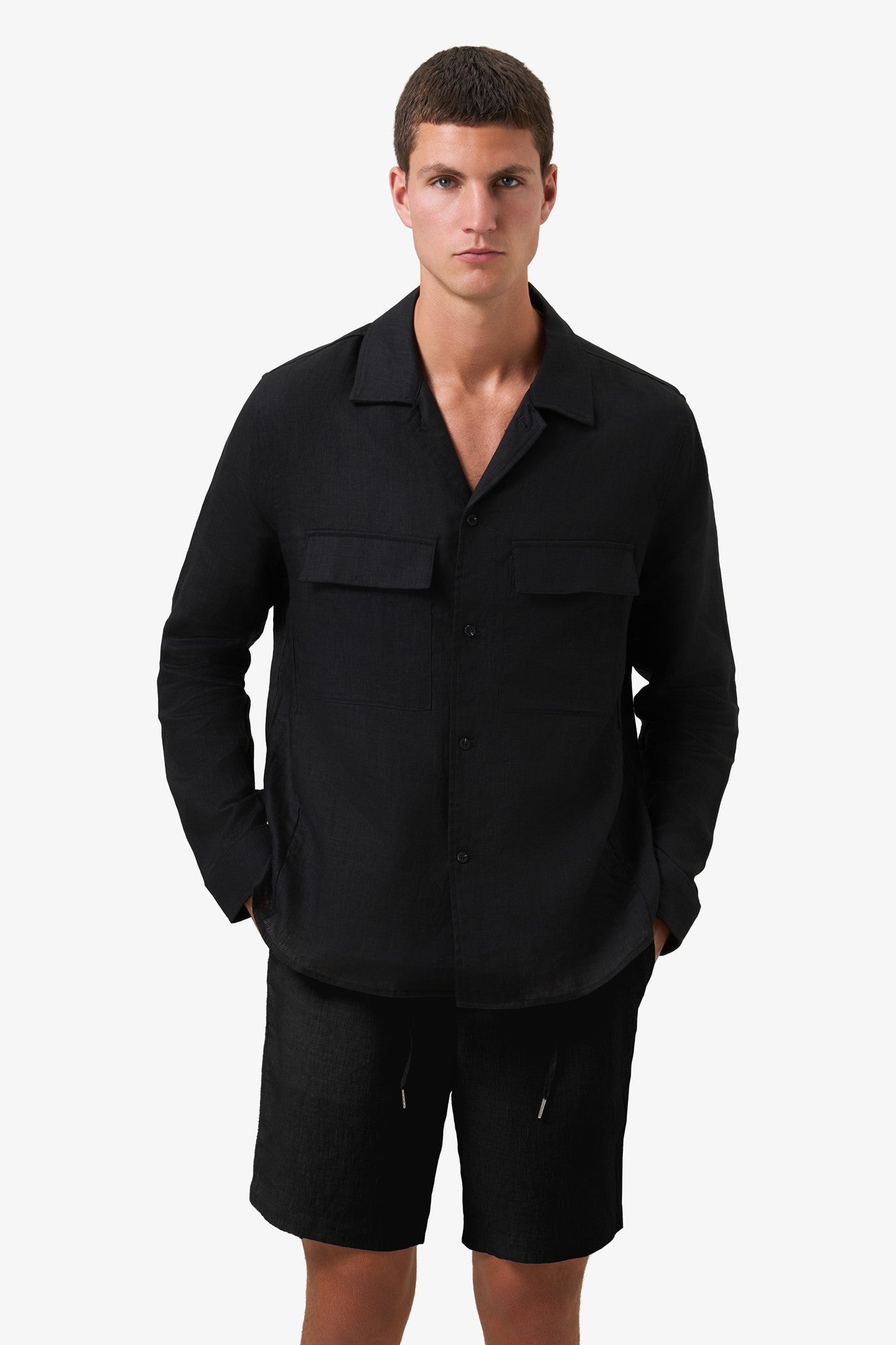 Woven Linen cardigan jacket Black