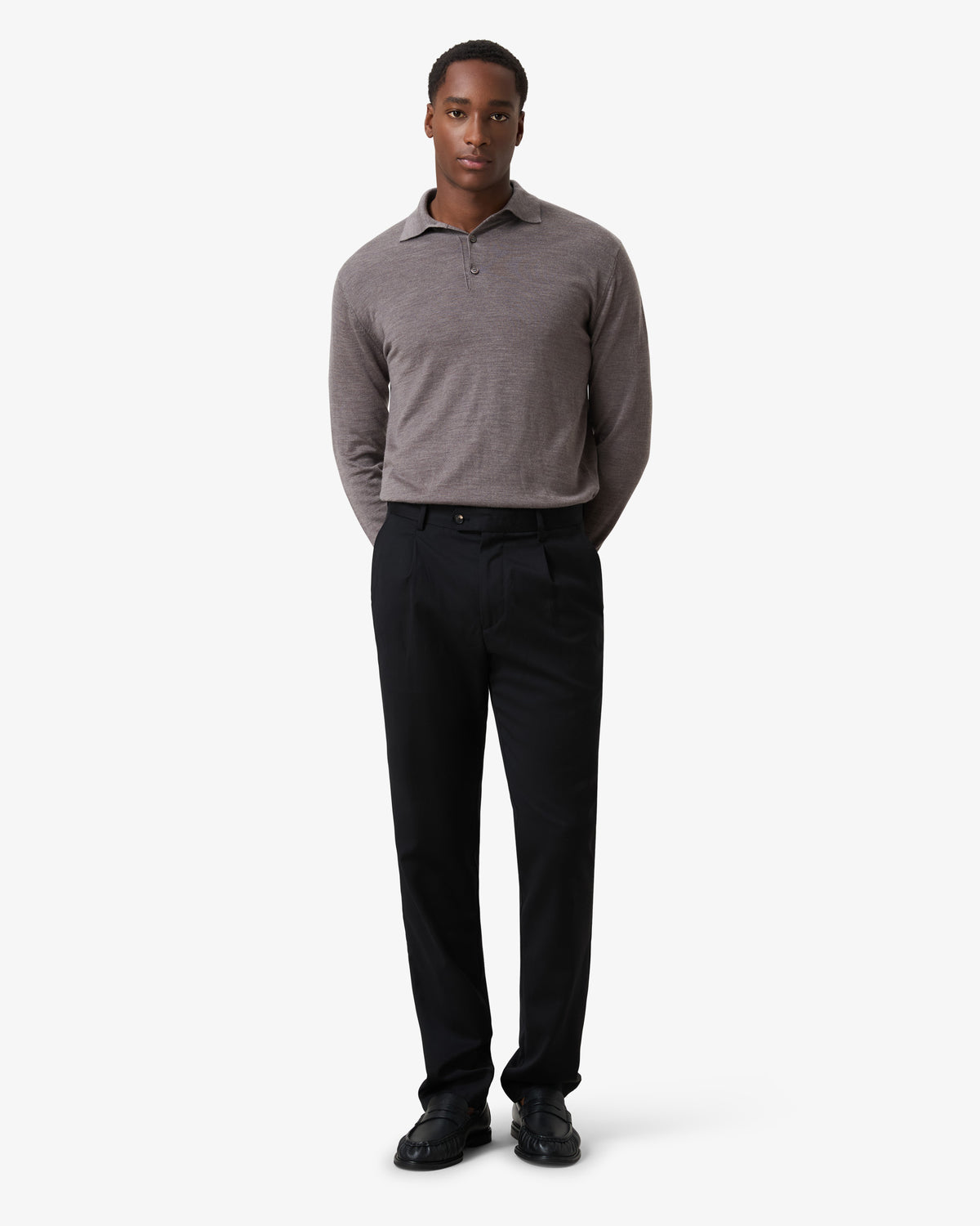 Merino Wool Button Longsleeve Polo - Stone Grey