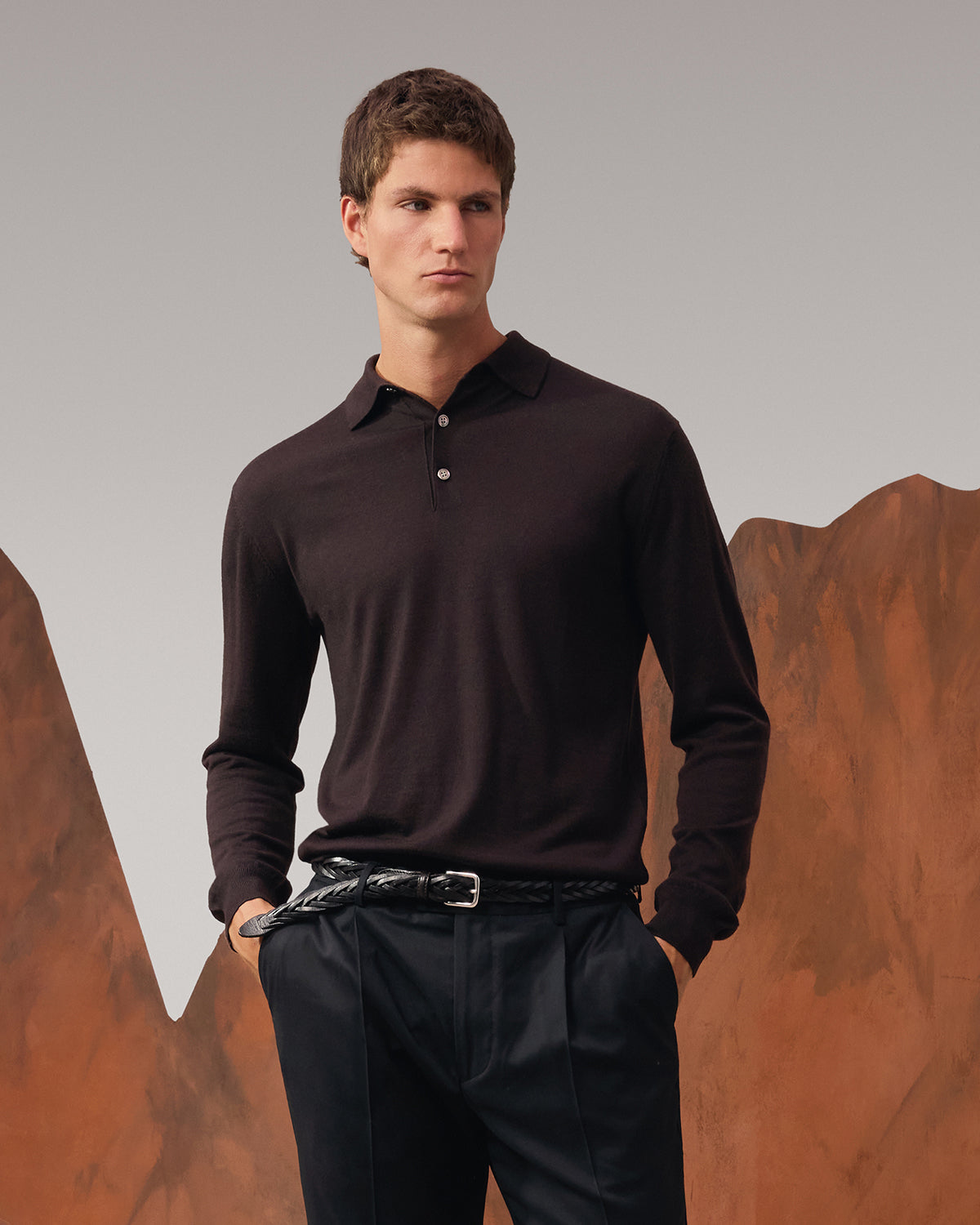Merino Wool Button Longsleeve Polo - Steel Grey