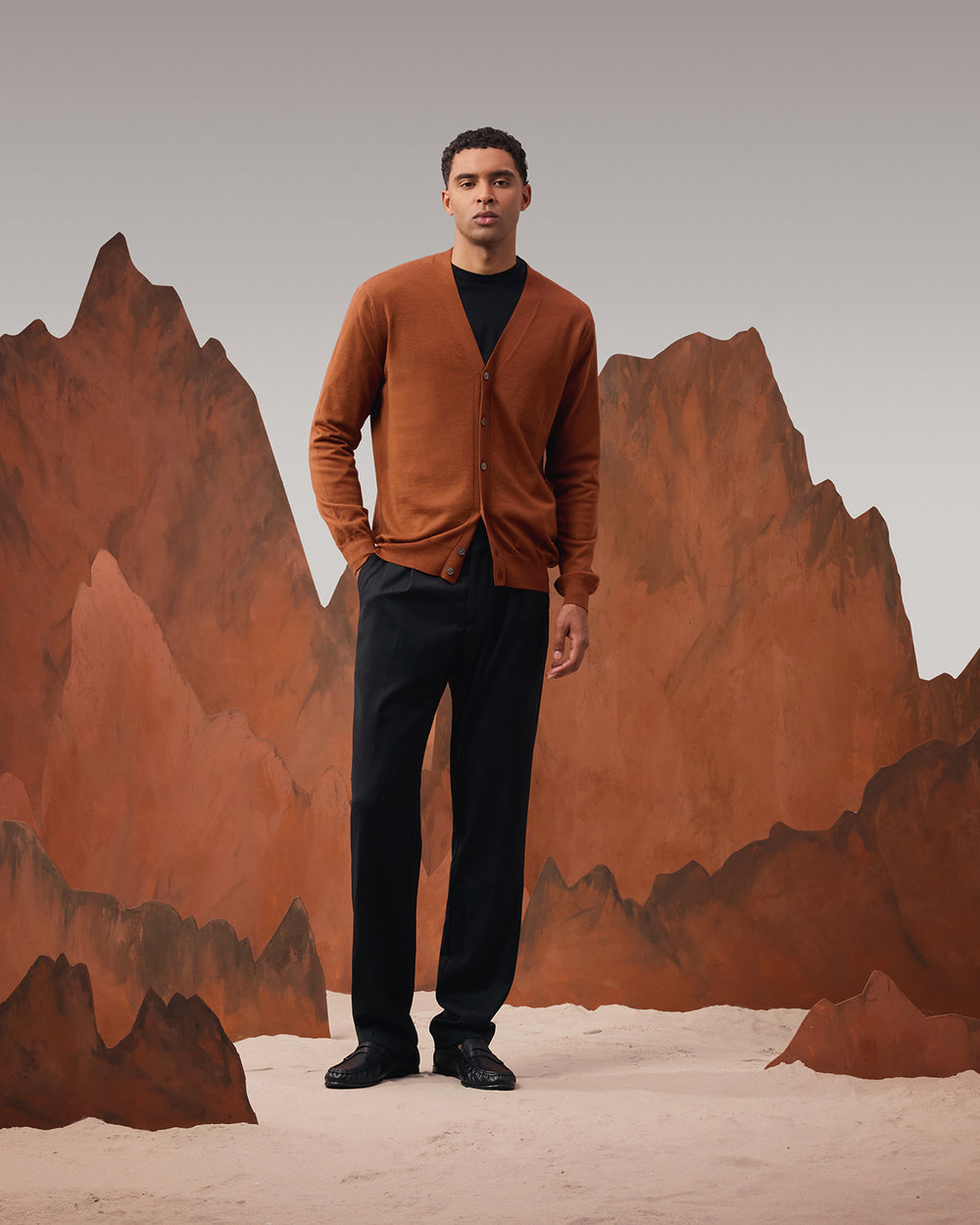 Merino Wool V-neck Cardigan - Peach Brown