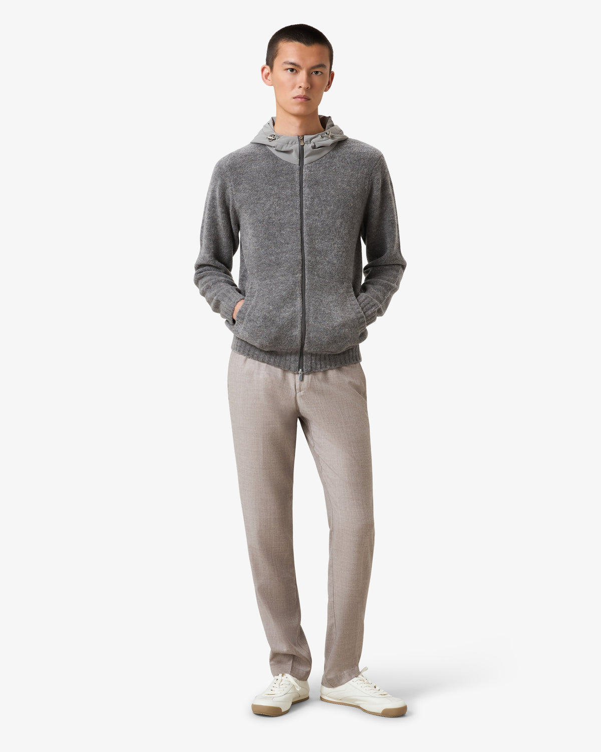 Wool Hooded Zip Up Sweater - Taupe
